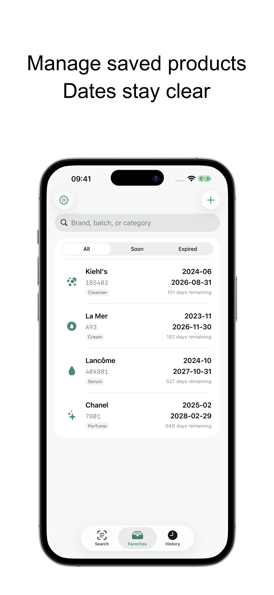 Lot Date saved products screen